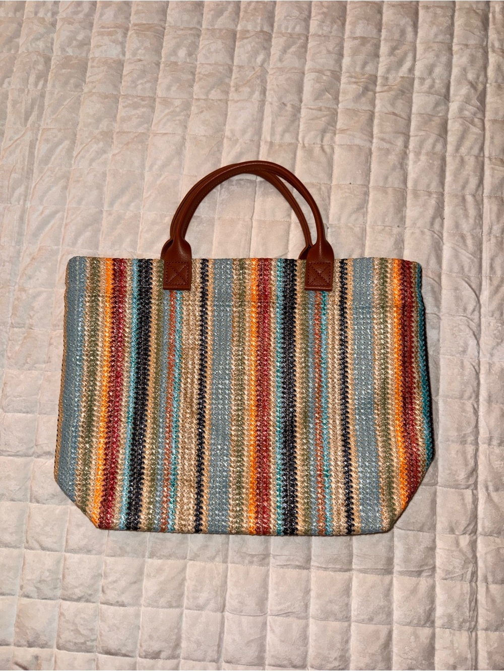 Multicolor Striped Straw Tote with Brown Handles - TOTE BAG - Picture 2 of 4